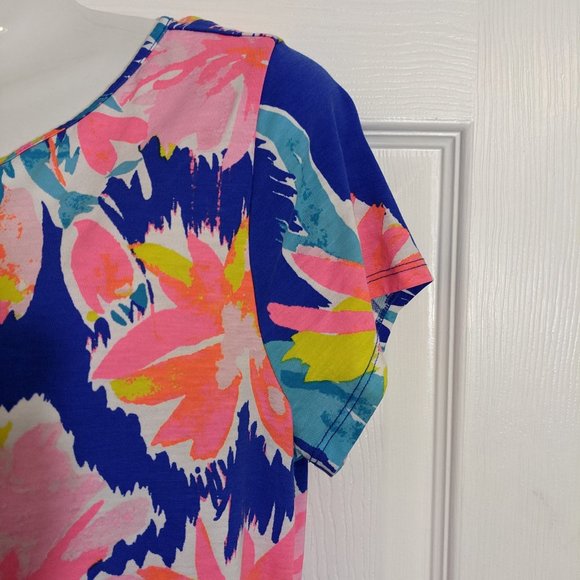 Lilly Pulitzer Blue & Pink Abstract Floral 100% Cotton Short Sleeve Dress - M - Picture 3 of 9